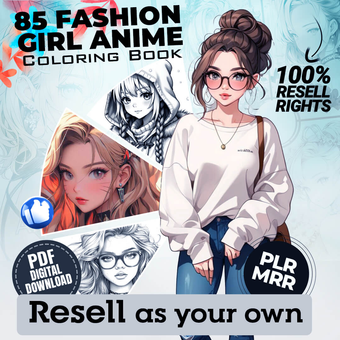 85 Fashion Girl Anime Coloring Book with Resell Rights (Printable) - Image 3