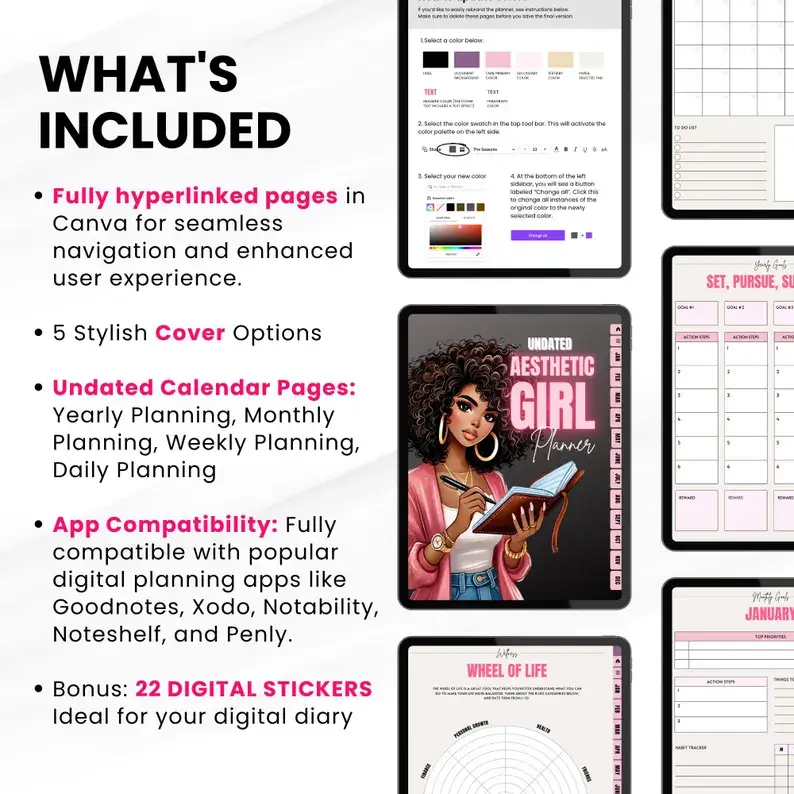 Aesthetic Girl Digital Planner +  22 Beautiful Digital Stickers (with Resell Rights) - Image 2